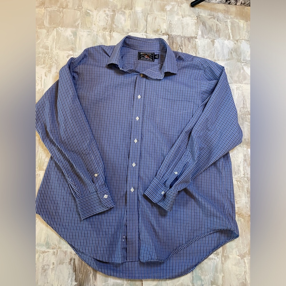 18 neck x 34/35 sleeve. Blue plaid button down dress shirt by American Living